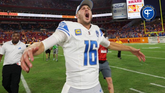 Detroit Lions QB Jared Goff (16) shows his excitement after a victory over the Tampa Bay Buccaneers.