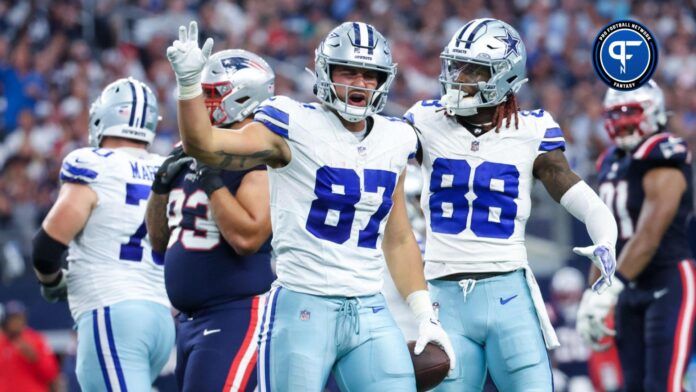 Dallas Cowboys tight end Jake Ferguson (87) reacts after a catch during the first half against the New England Patriots at AT&T Stadium.