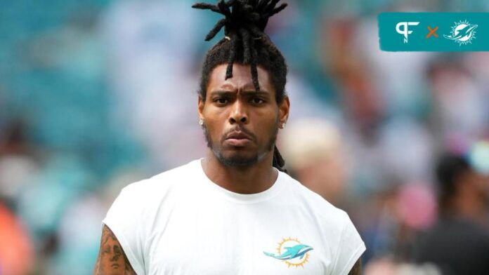 Jalen Ramsey stands on the field prior to the game against the New York Giants at Hard Rock Stadium.