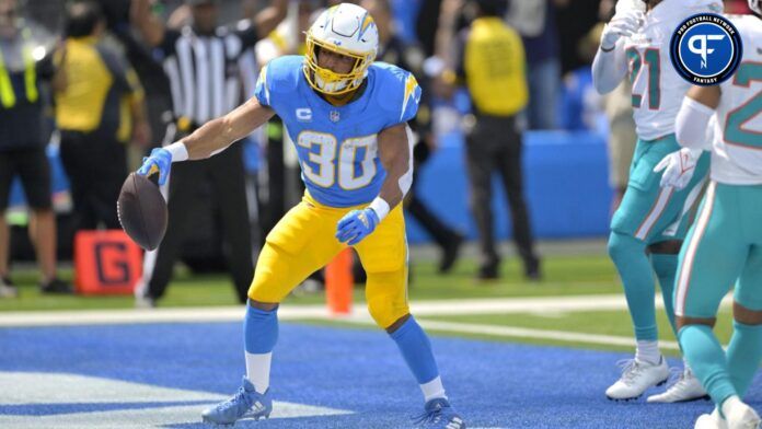 Los Angeles Chargers running back Austin Ekeler (30) celebrates after a touchdown in the first half against the Miami Dolphins at SoFi Stadium.