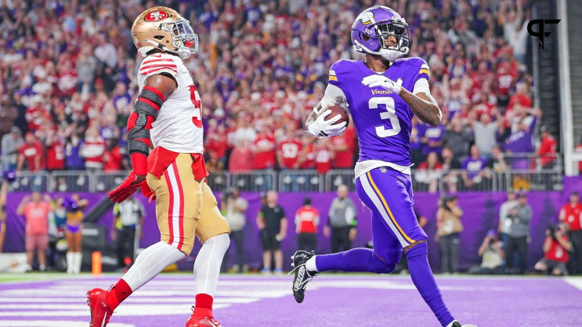 Minnesota Vikings wide receiver Jordan Addison (3) catches a pass for a touchdown against the San Francisco 49ers in the first quarter at U.S. Bank Stadium.