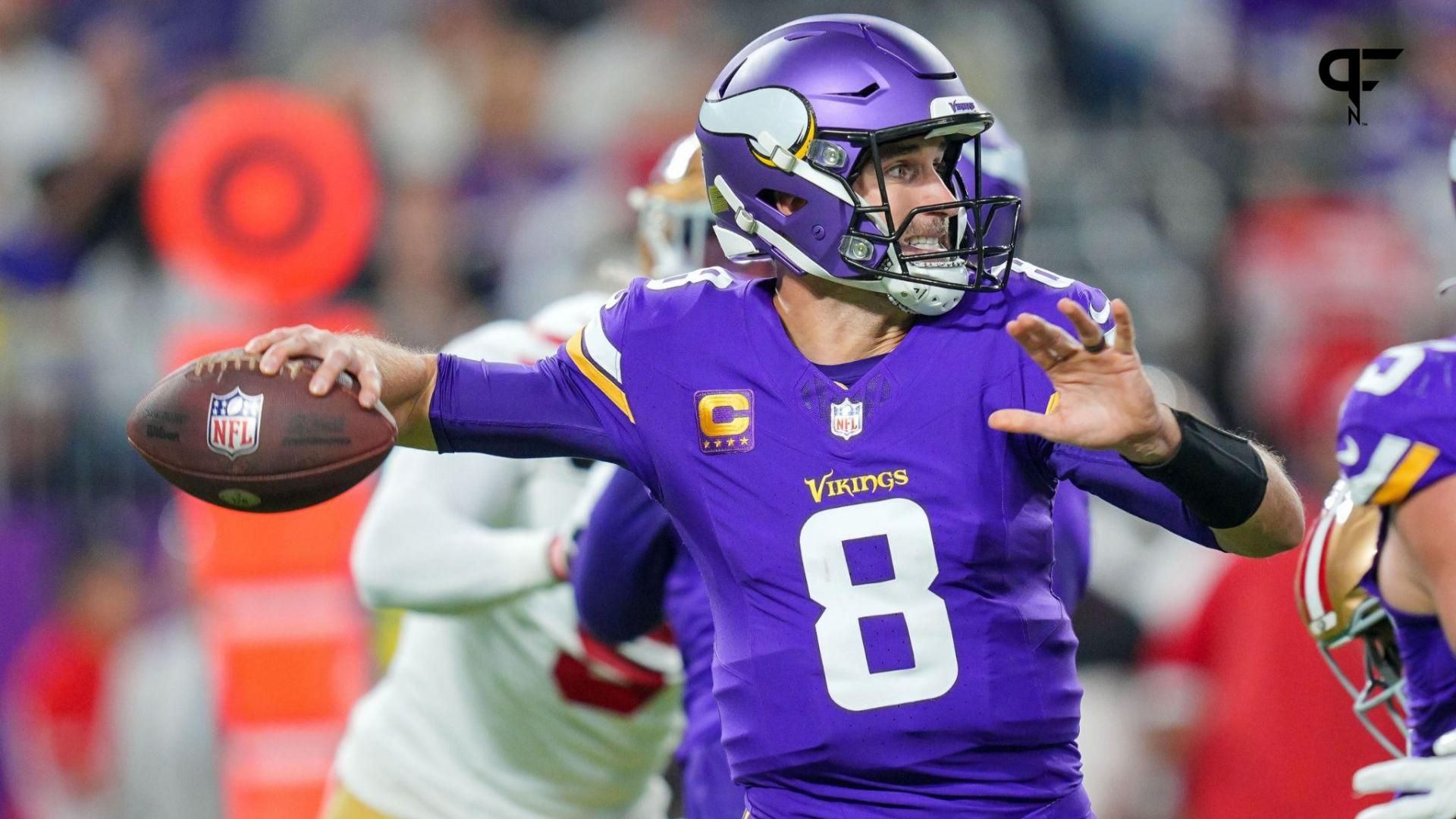 Minnesota Vikings quarterback Kirk Cousins (8) passes against the San Francisco 49ers in the first quarter at U.S. Bank Stadium.