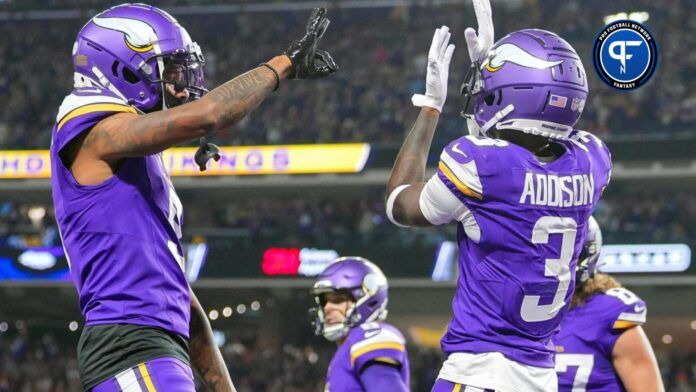 Minnesota Vikings wide receiver Jordan Addison (3) celebrates his touchdown against the San Francisco 49ers in the first quarter at U.S. Bank Stadium.