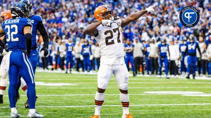 Cleveland Browns running back Kareem Hunt (27) celebrates his game winning touchdown in the second half against the Indianapolis Colts at Lucas Oil Stadium.