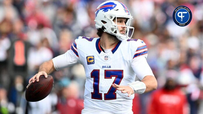 Buffalo Bills QB Josh Allen (17) throws a pass against the New England Patriots.