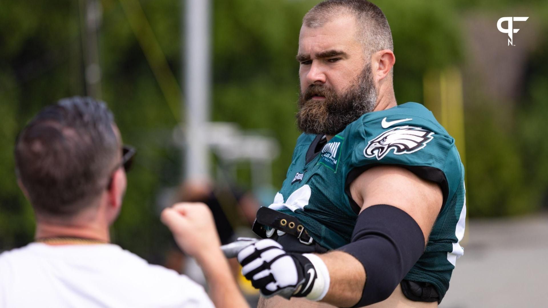 Philadelphia Eagles center Jason Kelce fist bombs a fan after practice at Novacare Complex.