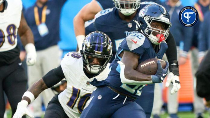 Tennessee Titans running back Tyjae Spears (32) carries the ball during the second half of an NFL International Series game at Tottenham Hotspur Stadium.