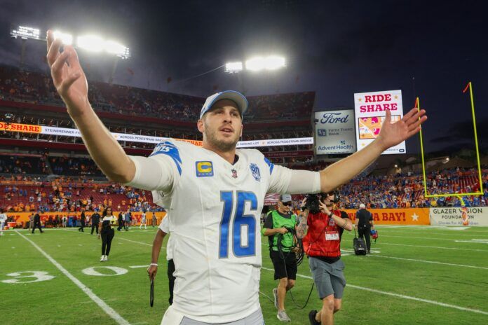 Detroit Lions quarterback Jared Goff (16) celebrates after beating the Tampa Bay Buccaneers at Raymond James Stadium.