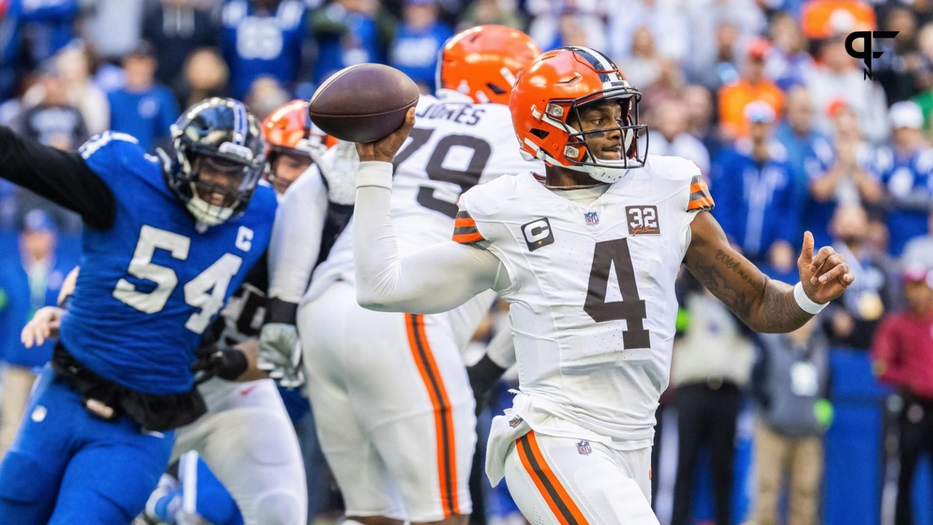 Cleveland Browns quarterback Deshaun Watson (4) drops back to pass the ball in the first quarter against the Indianapolis Colts.