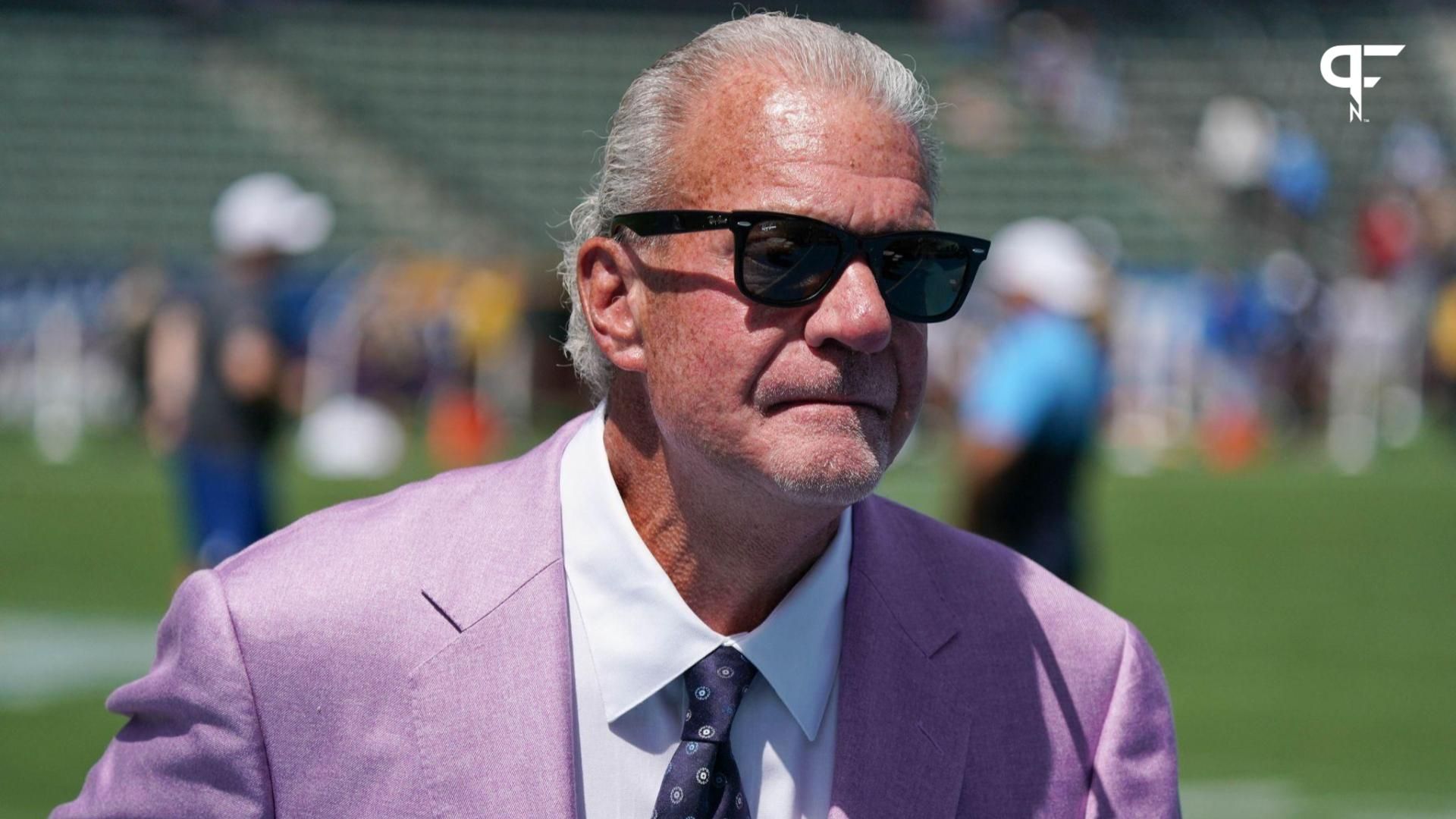 Indianapolis Colts owner Jim Irsay on the field prior to the game against the Los Angeles Chargers at Dignity Health Sports Park.