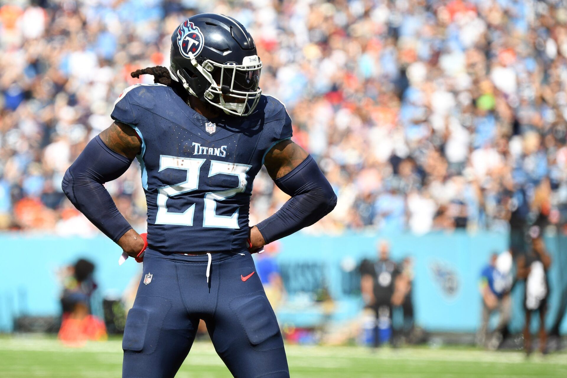 Tennessee Titans RB Derrick Henry (22) celebrates after throwing a TD pass.