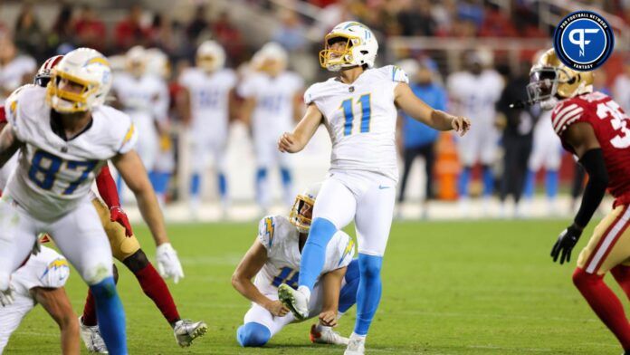 Cameron Dicker (11) kicks a field goal during the third quarter against the San Francisco 49ers at Levi's Stadium.