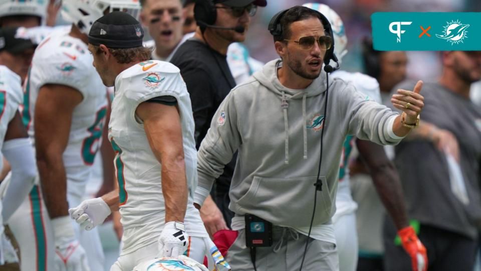 Mike McDaniel directs his team during the first half of an NFL game at Hard Rock Stadium in Miami Gardens