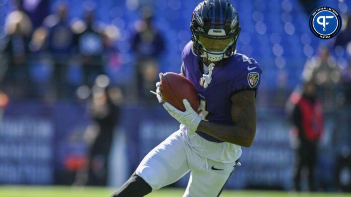 Zay Flowers (4) catches punt during warms ups prior to the game against the Detroit Lions at M&T Bank Stadium.