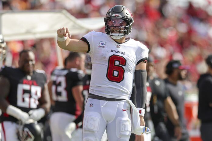 Baker Mayfield (6) reacts after a run against the Atlanta Falcon in the fourth quarter at Raymond James Stadium.