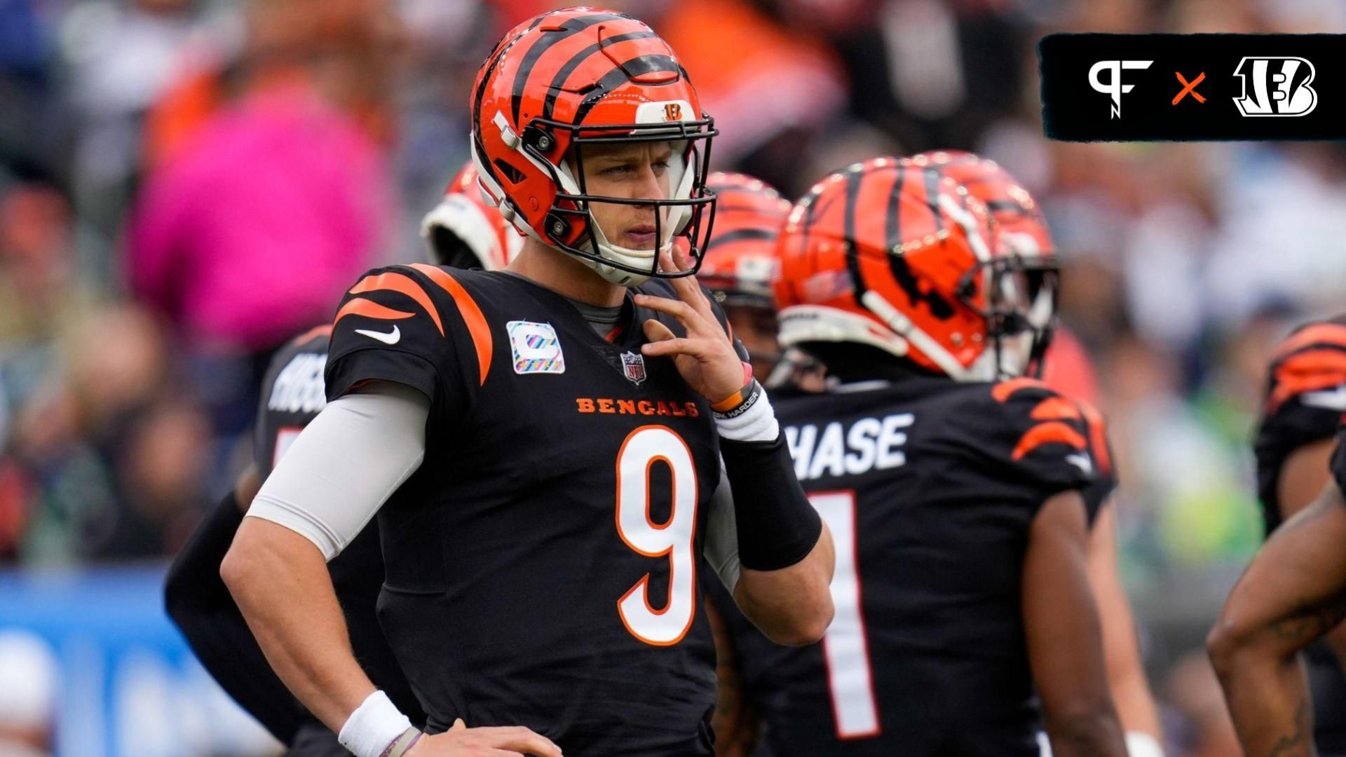 Joe Burrow (9) paces during a TV timeout in the first quarter of the NFL Week 6 game between the Cincinnati Bengals and the Seattle Seahawks at Paycor Stadium.