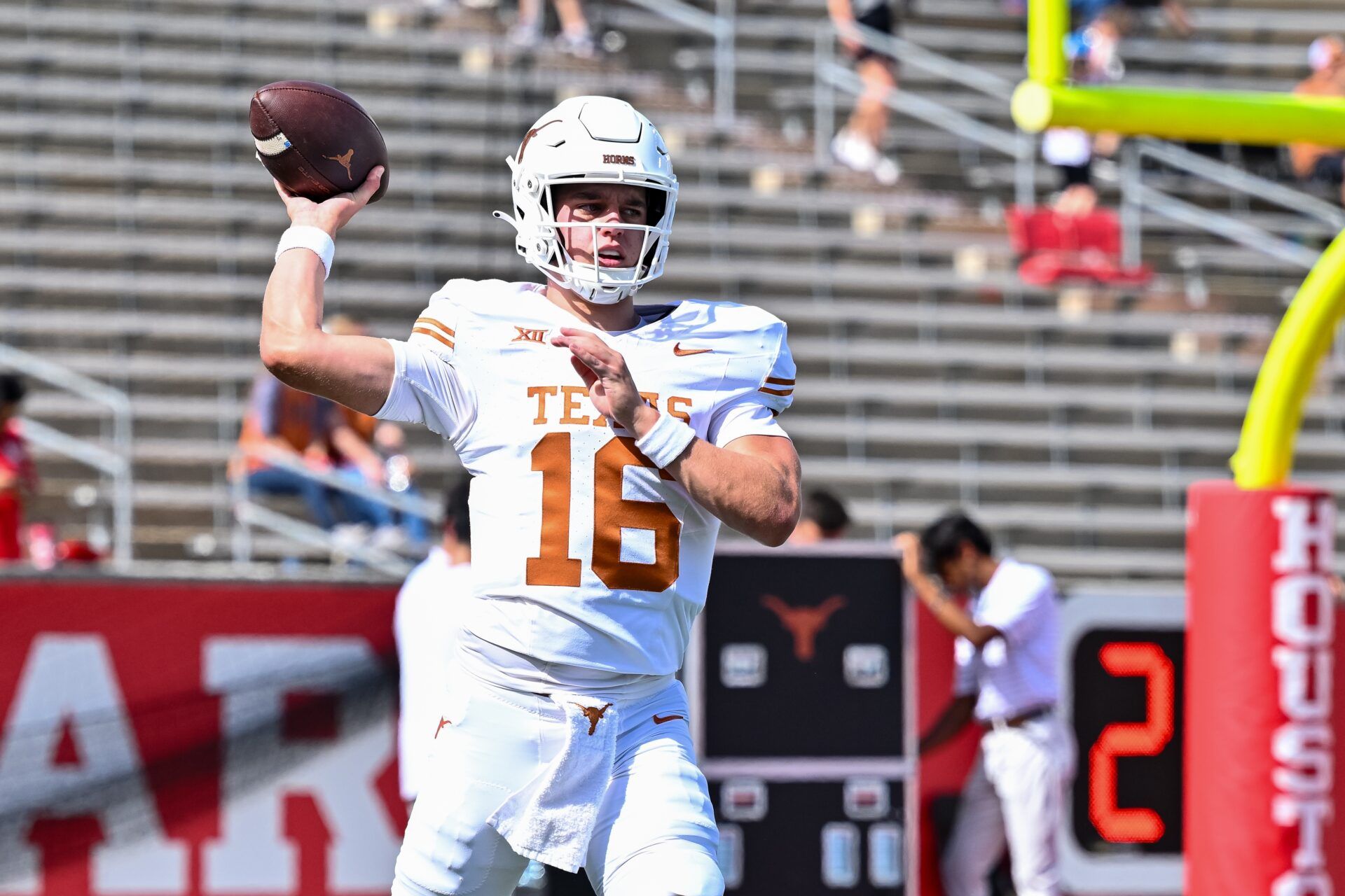 Texas Longhorns quarterback Arch Manning (16) warms up prior to the game against the Houston Cougars at TDECU Stadium.