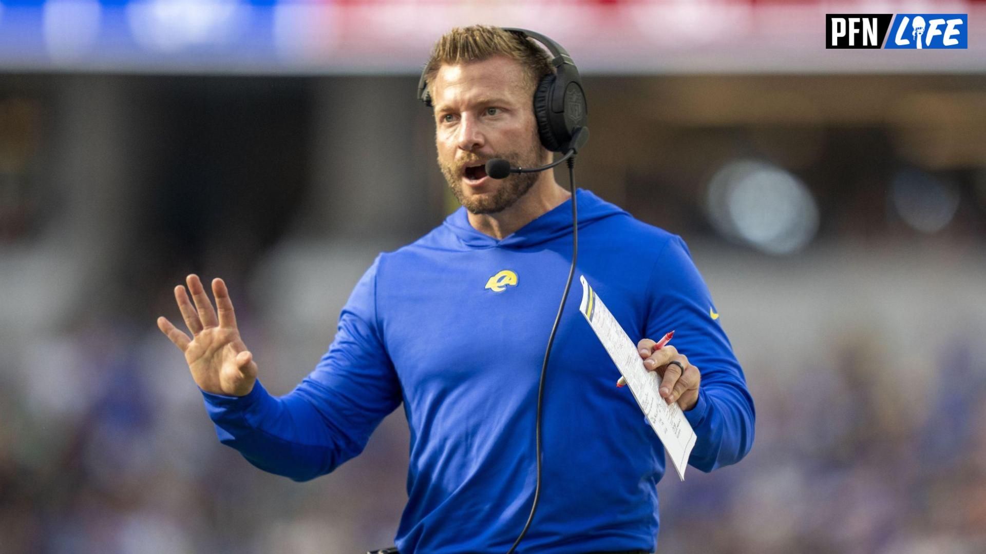 Los Angeles Rams head coach Sean McVay argues with the referee during the fourth quarter against the Arizona Cardinals at SoFi Stadium.