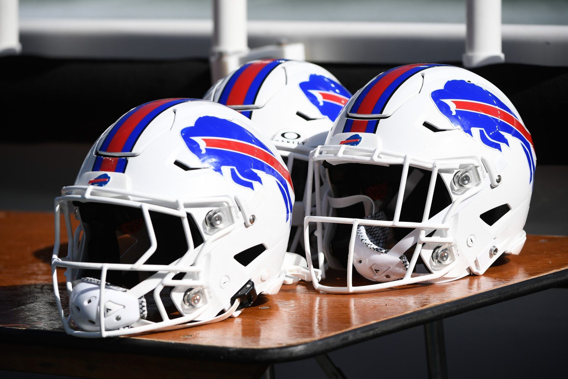 Buffalo Bills helmets seen by the bench prior to a game against the New England Patriots at Gillette Stadium.