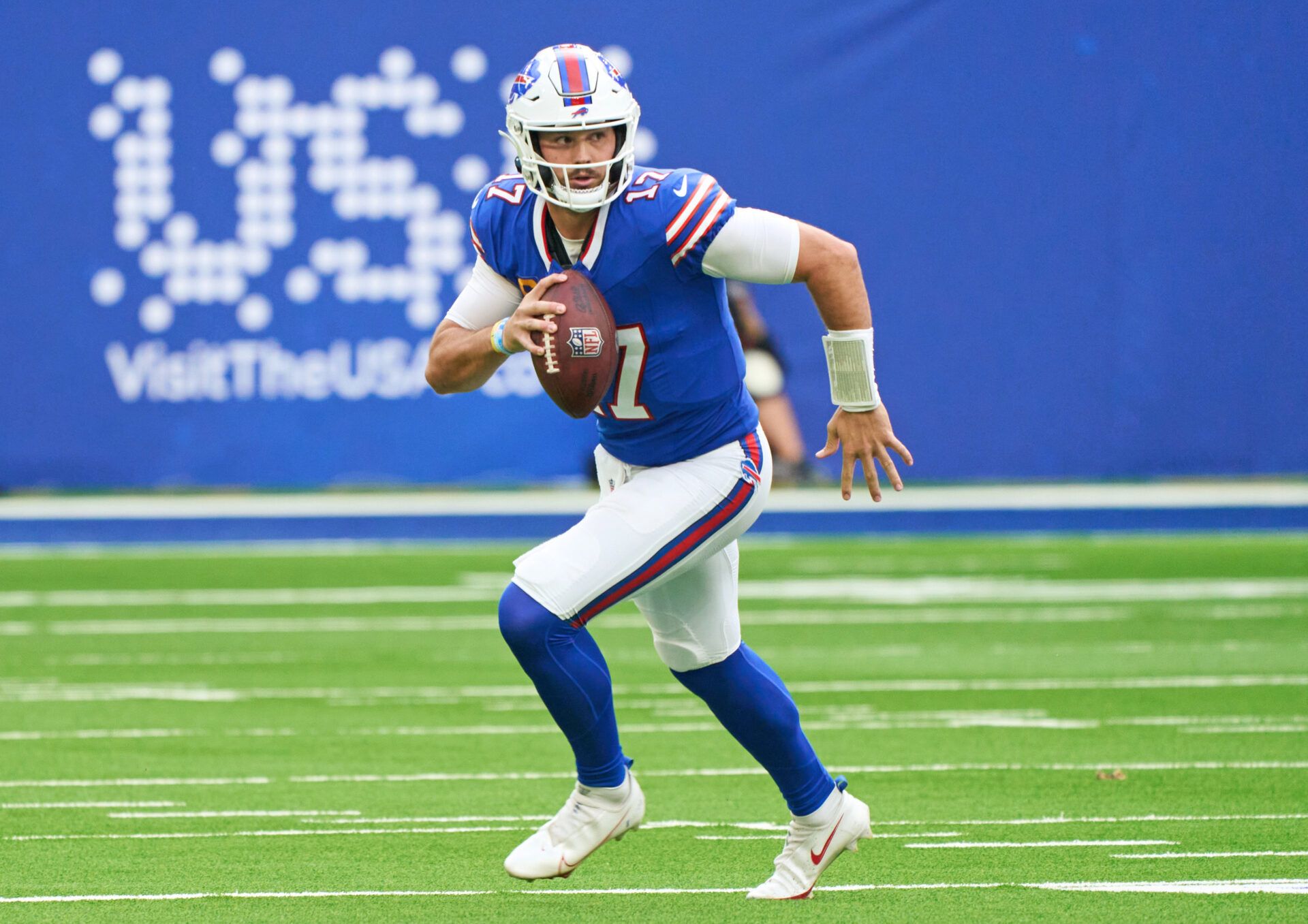 Buffalo Bills quarterback Josh Allen (17) during the first half of an NFL International Series game at Tottenham Hotspur Stadium.