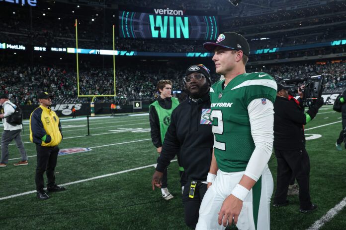 New York Jets quarterback Zach Wilson (2) on the field after defeating the Philadelphia Eagles at MetLife Stadium.