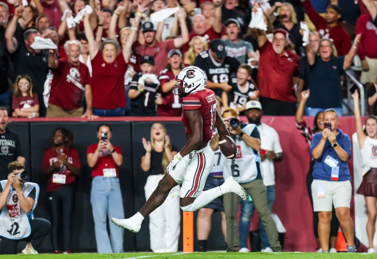 South Carolina wide receiver Xavier Legette (17) scores on a 76-yard touchdown reception against Mississippi State.