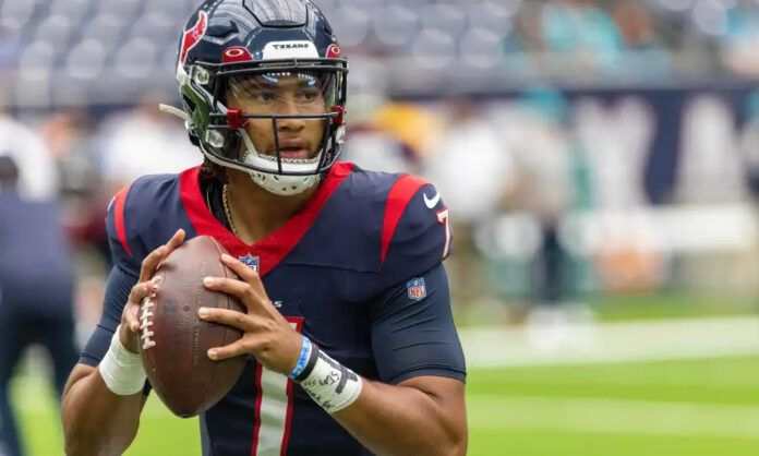 Houston Texans QB C.J. Stroud looks to pass.