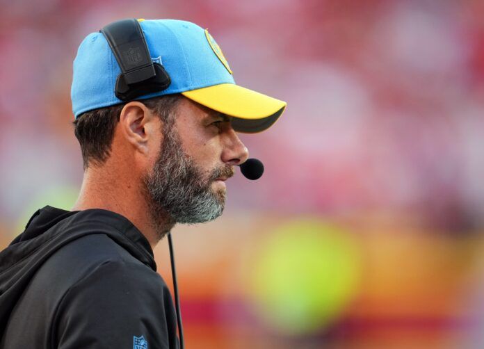 Los Angeles Chargers Brandon Staley looks on during the second half against the Kansas City Chiefs at GEHA Field at Arrowhead Stadium.