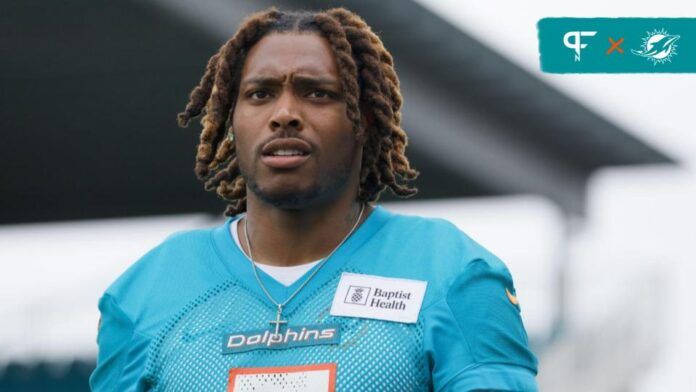 Miami Dolphins cornerback Jalen Ramsey (5) looks on during mandatory minicamp at the Baptist Health Training Complex.