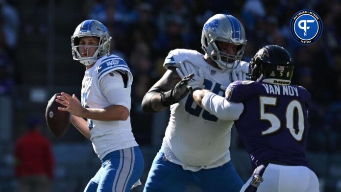 Detroit Lions quarterback Jared Goff (16) looks to pass as offensive tackle Taylor Decker (68) blocks ]Baltimore Ravens linebacker Kyle Van Noy (50) during the second half at M&T Bank Stadium.