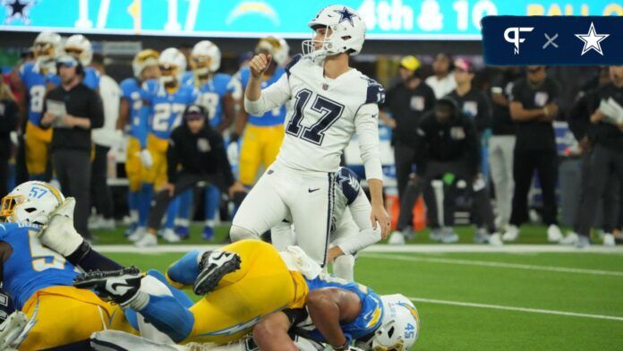 Dallas Cowboys kicker Brandon Aubrey (17) kicks a field goal against the Los Angeles Chargers.