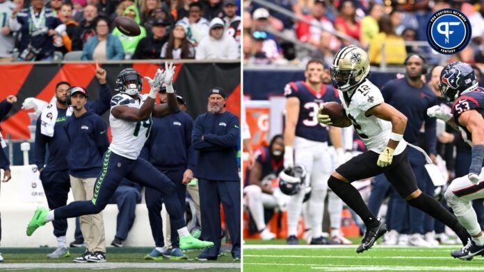 New Orleans Saints wide receiver Chris Olave (12) runs the ball as Houston Texans linebacker Blake Cashman (53) applies pressure during the third quarter at NRG Stadium.