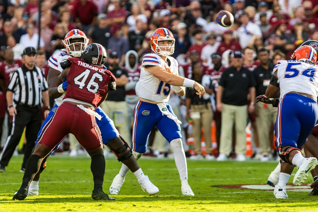 Florida Gators quarterback Graham Mertz (15) throws a pass against the South Carolina Gamecocks.