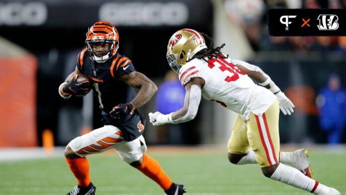 Cincinnati Bengals WR Ja'Marr Chase (1) runs after the catch against the San Francisco 49ers.