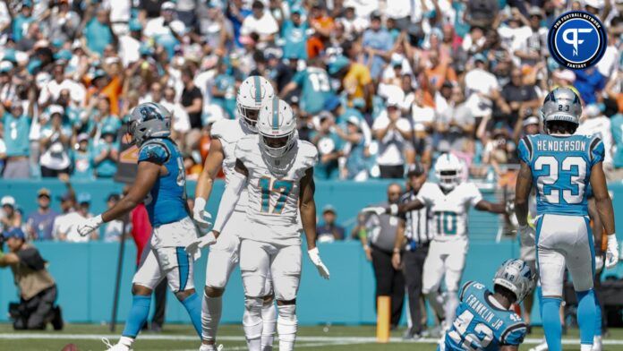 Miami Dolphins wide receiver Jaylen Waddle (17) celebrates after scoring a touchdown against the Carolina Panthers.