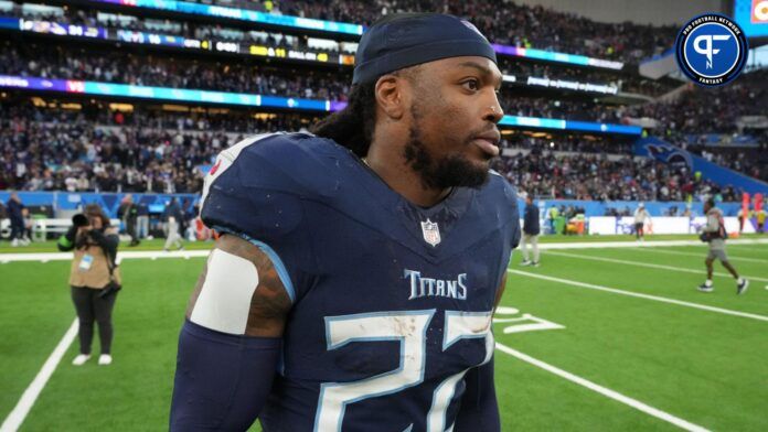 Tennessee Titans running back Derrick Henry (22) leaves the field after an NFL International Series game against the Baltimore Ravens at Tottenham Hotspur Stadium.