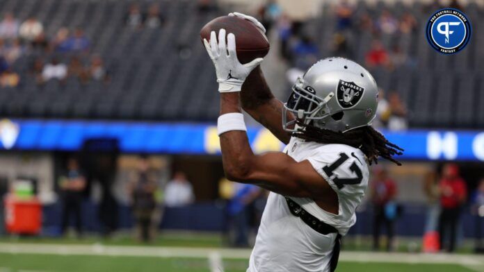 Las Vegas Raiders wide receiver Davante Adams (17) warms up before the game against the Los Angeles Rams at SoFi Stadium.