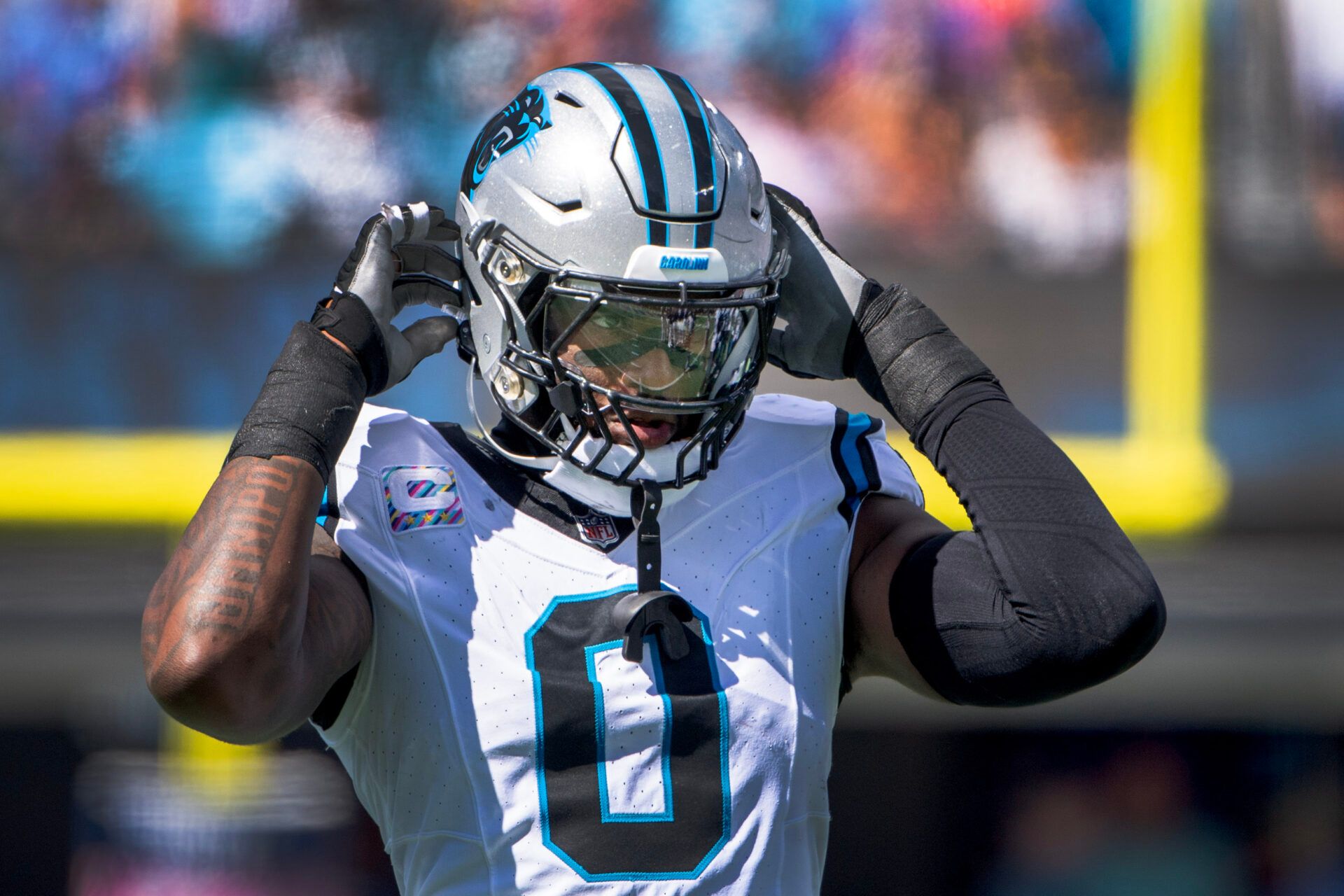 Carolina Panthers linebacker Brian Burns (0) in the second quarter at Bank of America Stadium.