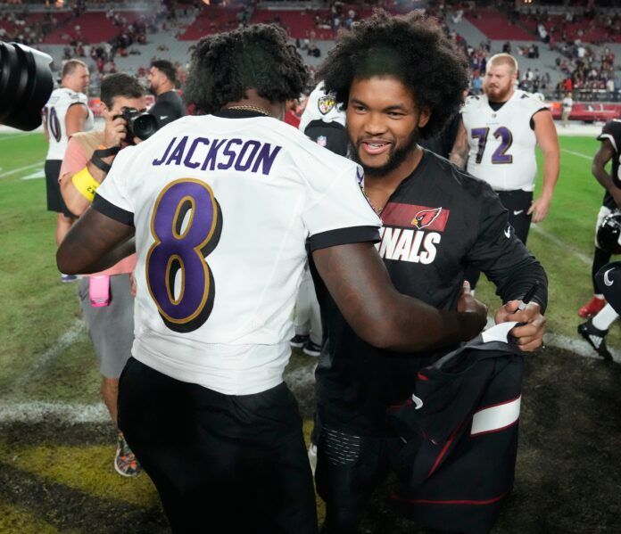 Arizona Cardinals quarterback Kyler Murray greets Baltimore Ravens quarterback Lamar Jackson (8) after losing 24-17 in preseason action at State Farm Stadium.