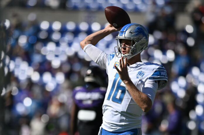 Jared Goff (16) throws before the game against the Baltimore Ravens at M&T Bank Stadium.