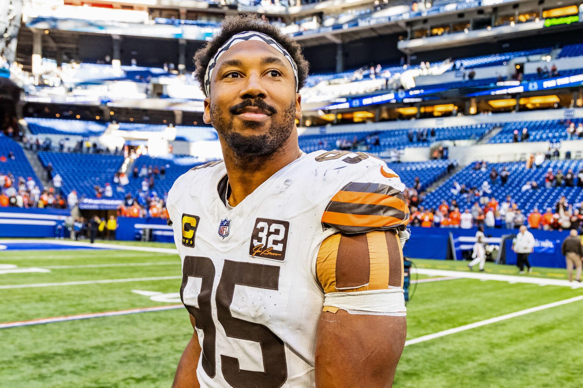 Cleveland Browns defensive end Myles Garrett (95) walks on the field after the game against the Indianapolis Colts at Lucas Oil Stadium.