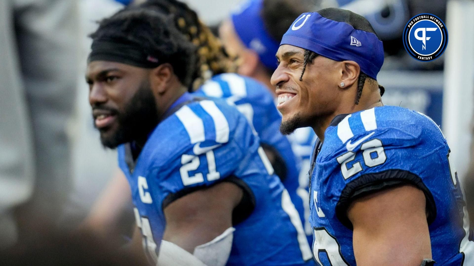 Indianapolis Colts running back Jonathan Taylor (28) smiles on the bench Sunday, Oct. 22, 2023, during a game against the Cleveland Browns at Lucas Oil Stadium in Indianapolis.