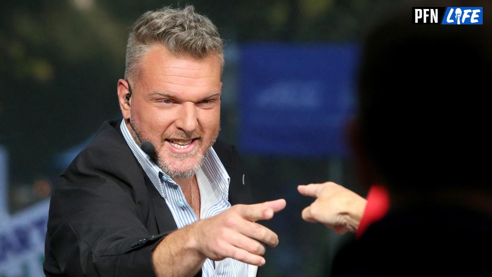 ESPN host Pat McAfee jokes with staff before the ESPN College GameDay show on Saturday, Sept. 23, 2023.