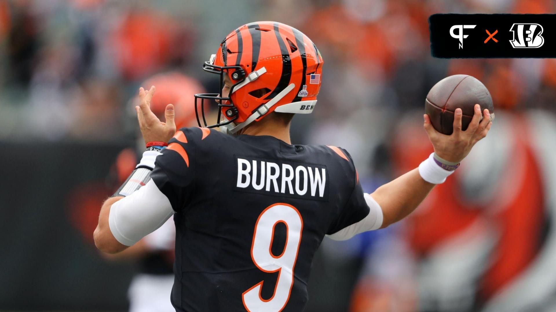 Joe Burrow (9) warms up before the game against the Seattle Seahawks at Paycor Stadium.