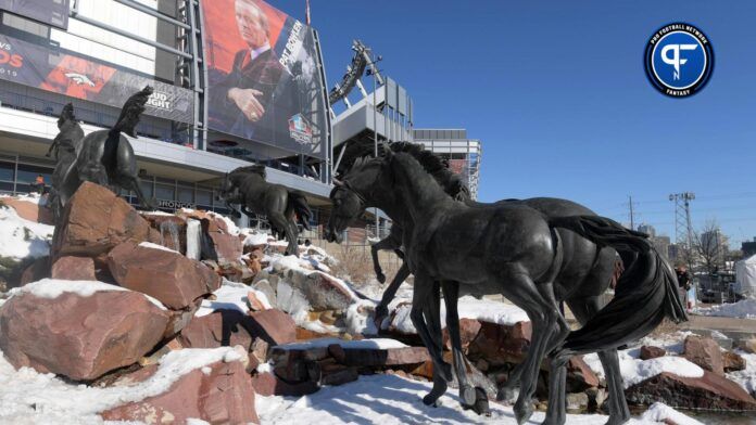 General overall view of snow at Empower Field at Mile High before the NFL game between the Los Angeles Chargers and the Denver Broncos.