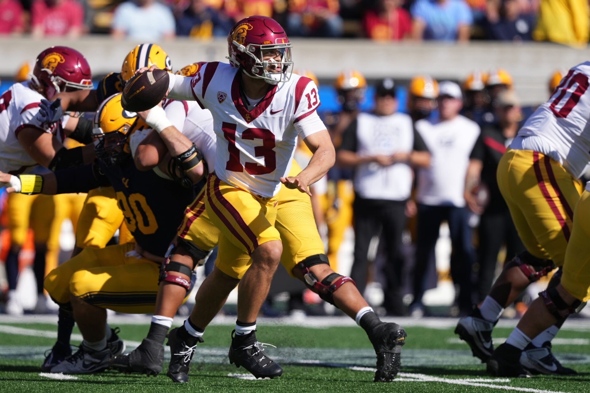 USC Trojans quarterback Caleb Williams (13) passes against the California Golden Bears during the first quarter at California Memorial Stadium.