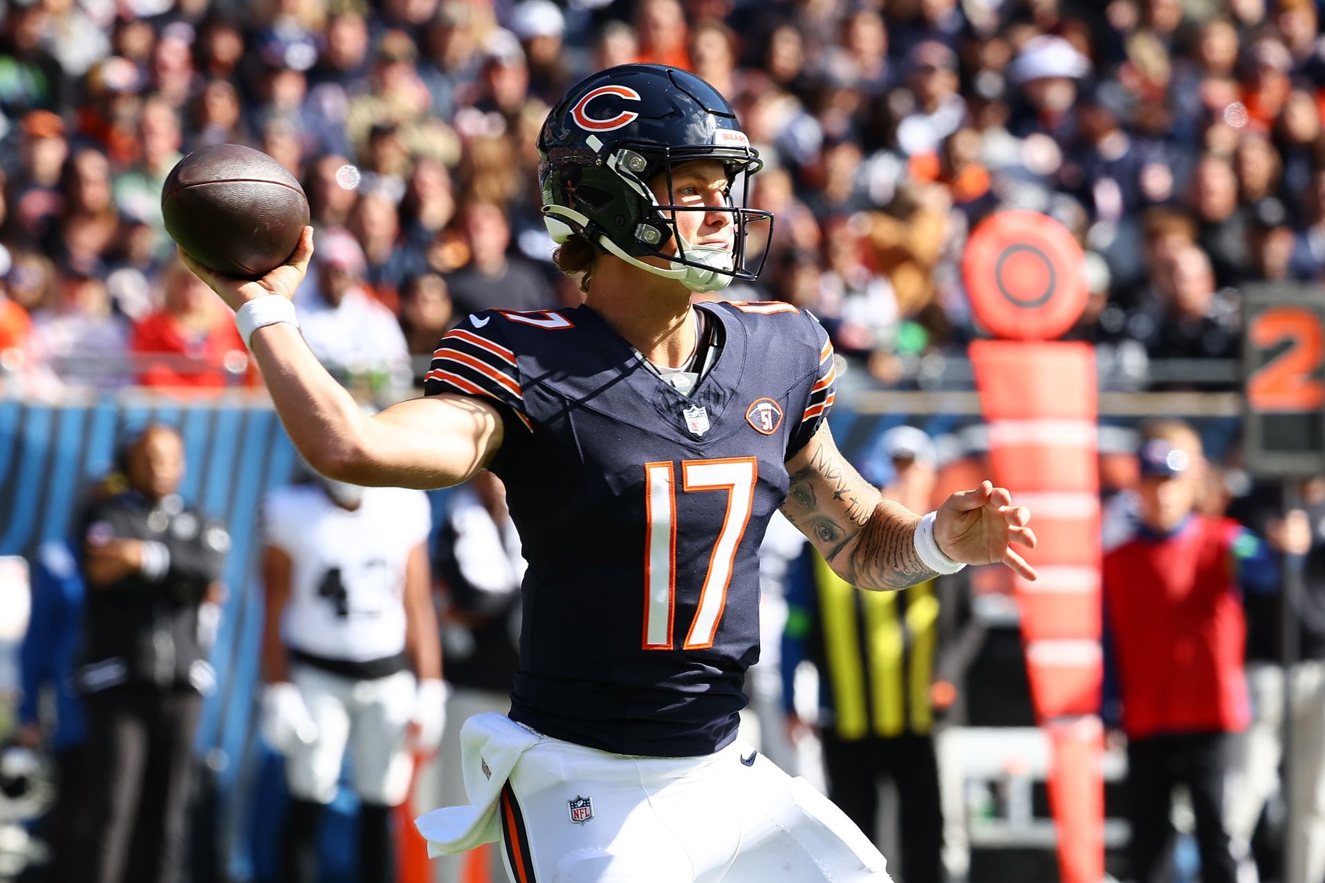 Chicago Bears quarterback Tyson Bagent (17) drops back to pass against the Las Vegas Raiders in the first half at Soldier Field.