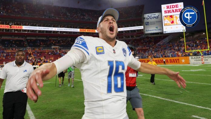 Detroit Lions quarterback Jared Goff (16) celebrates after beating the Tampa Bay Buccaneers at Raymond James Stadium.