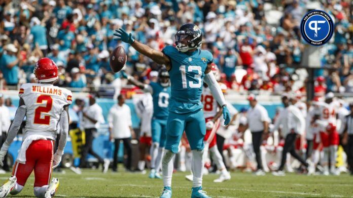 Jacksonville Jaguars wide receiver Christian Kirk (13) drops the ball in celebration after a play against Kansas City Chiefs corner back Joshua Williams (2) during the third quarter at EverBank Stadium.