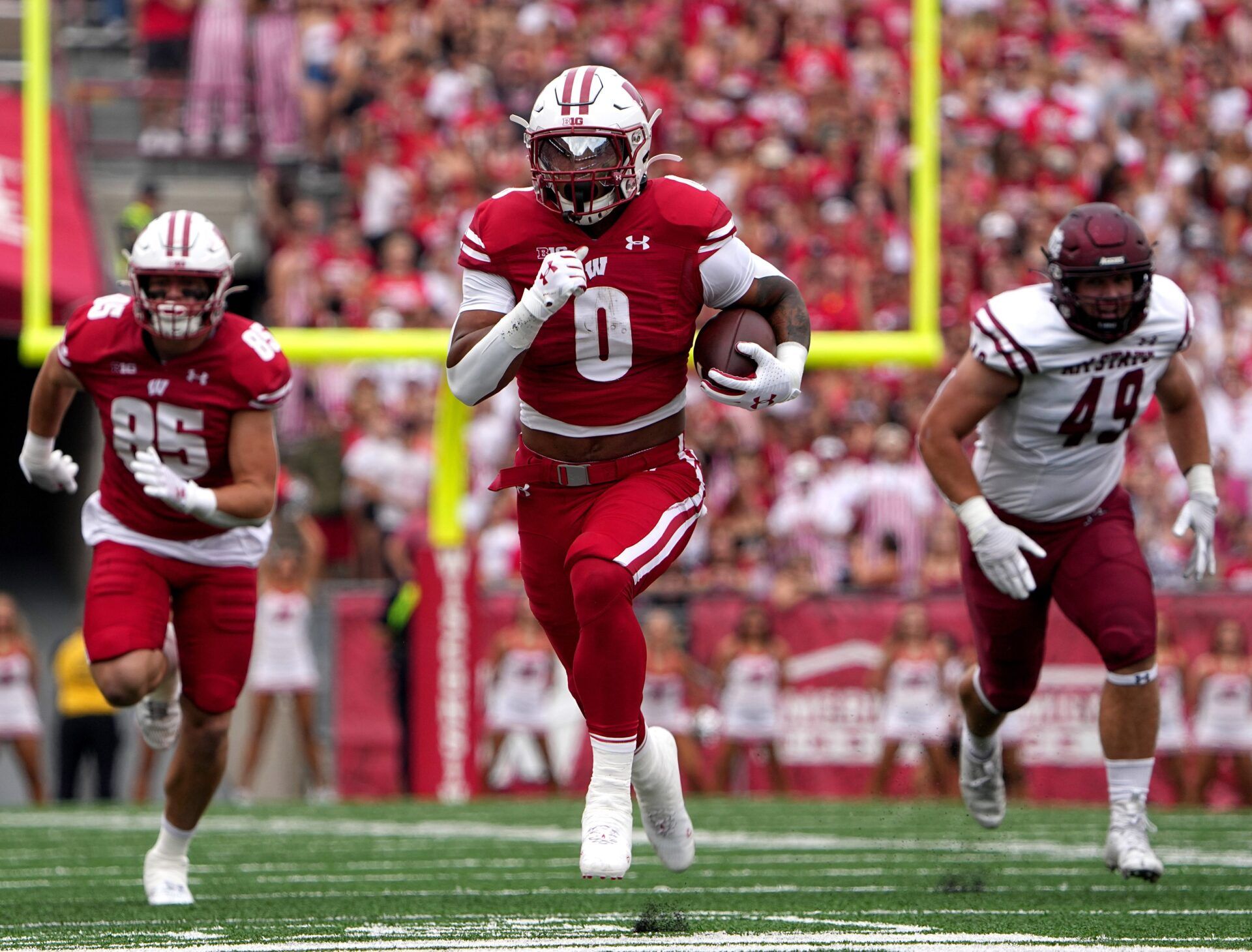 Wisconsin running back Braelon Allen (0) run 36-yards for a touchdown during the first quarter of their game against New Mexico State Saturday, September 17, 2022 at Camp Randall Stadium in Madison,